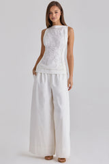 White Cotton Placement Lace Broderie Anglais Boat Neck Top