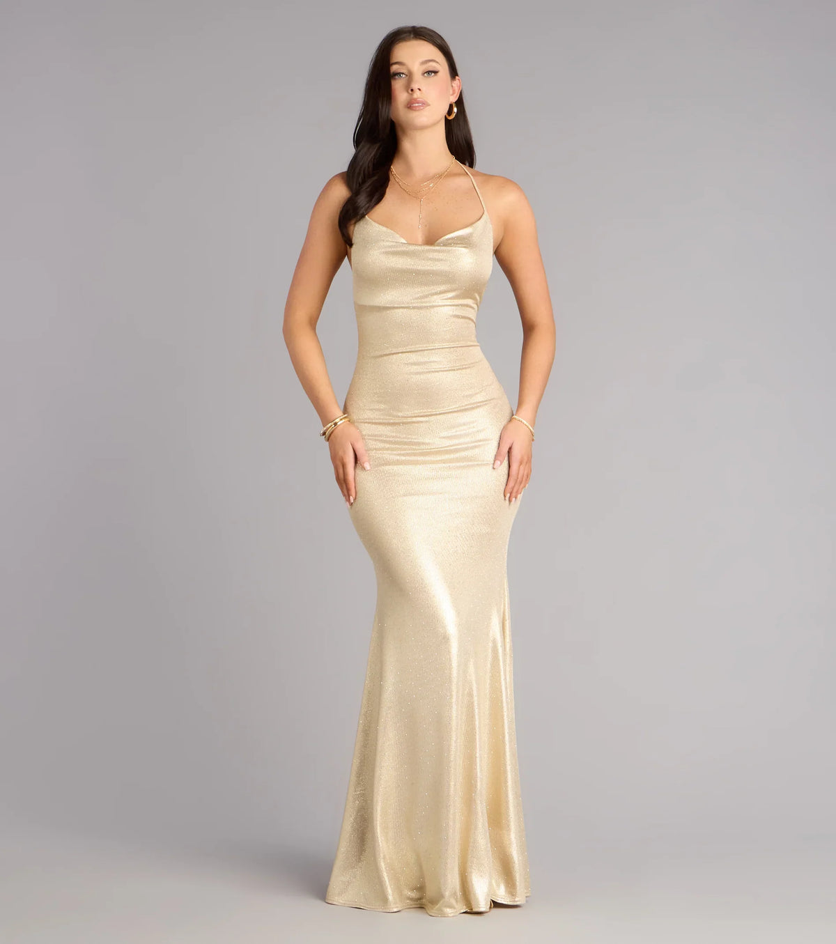 Teresa Metallic Rhinestone Open Back Formal Dress
