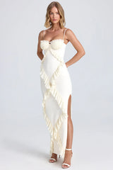 Plissé Ruffle-Trim Maxi Dress In Ivory