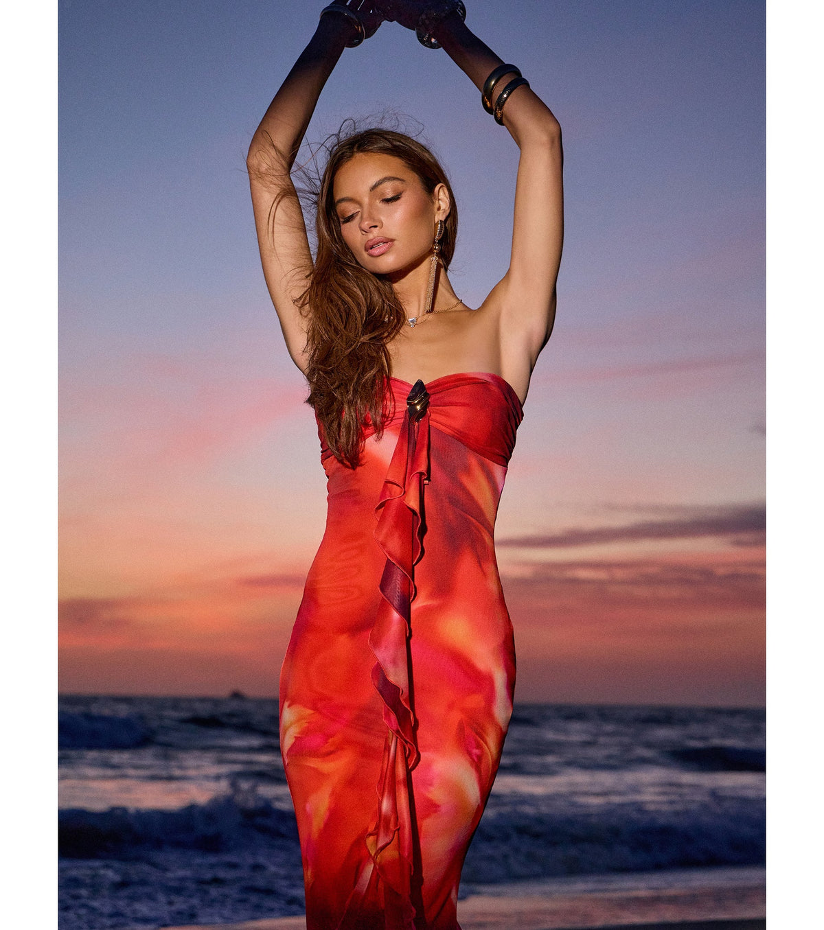 Shelly Abstract Print Mesh Ruffle Mermaid Dress