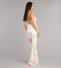 Melany Floral Sequin Lace-Up Formal Dress