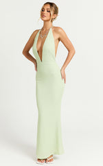 Ada Maxi Dress - Halter Plunge Textured Jersey Open Back Dress in Green