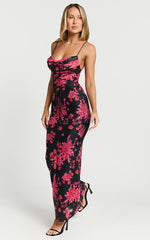 Ariel Midi Dress - Mesh Bodycon Tie Detail Dress in Black & Red Floral