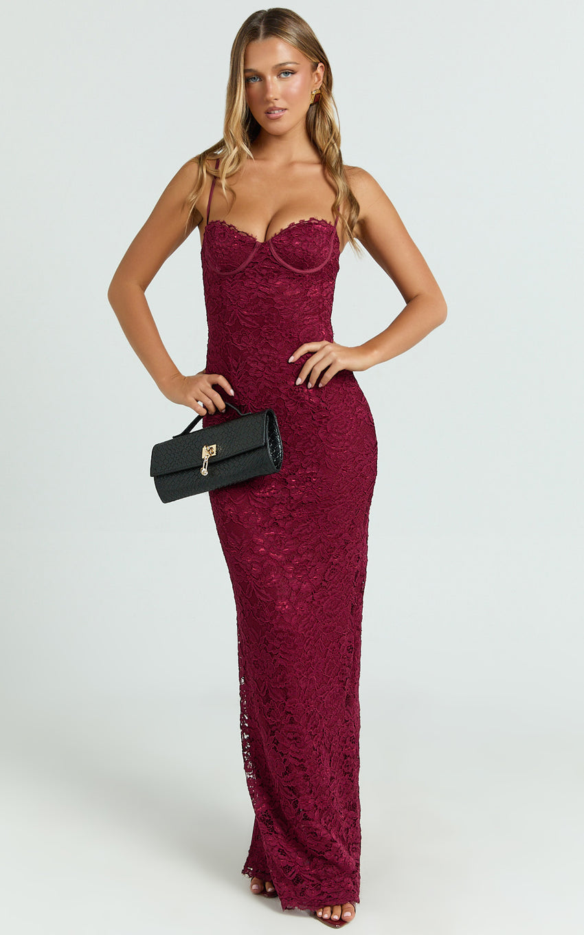Carli Maxi Dress - Adjustable Strap Corset Bodycon Lace Dress in Wine