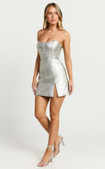 Cooper Mini Dress - Metallic Strapless Dress in Silver