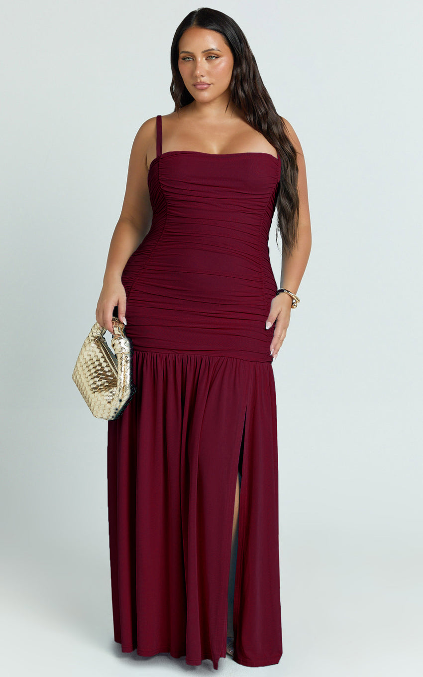 Cardi Maxi Dress - Ruched Mesh High Leg Split Dress in Wine