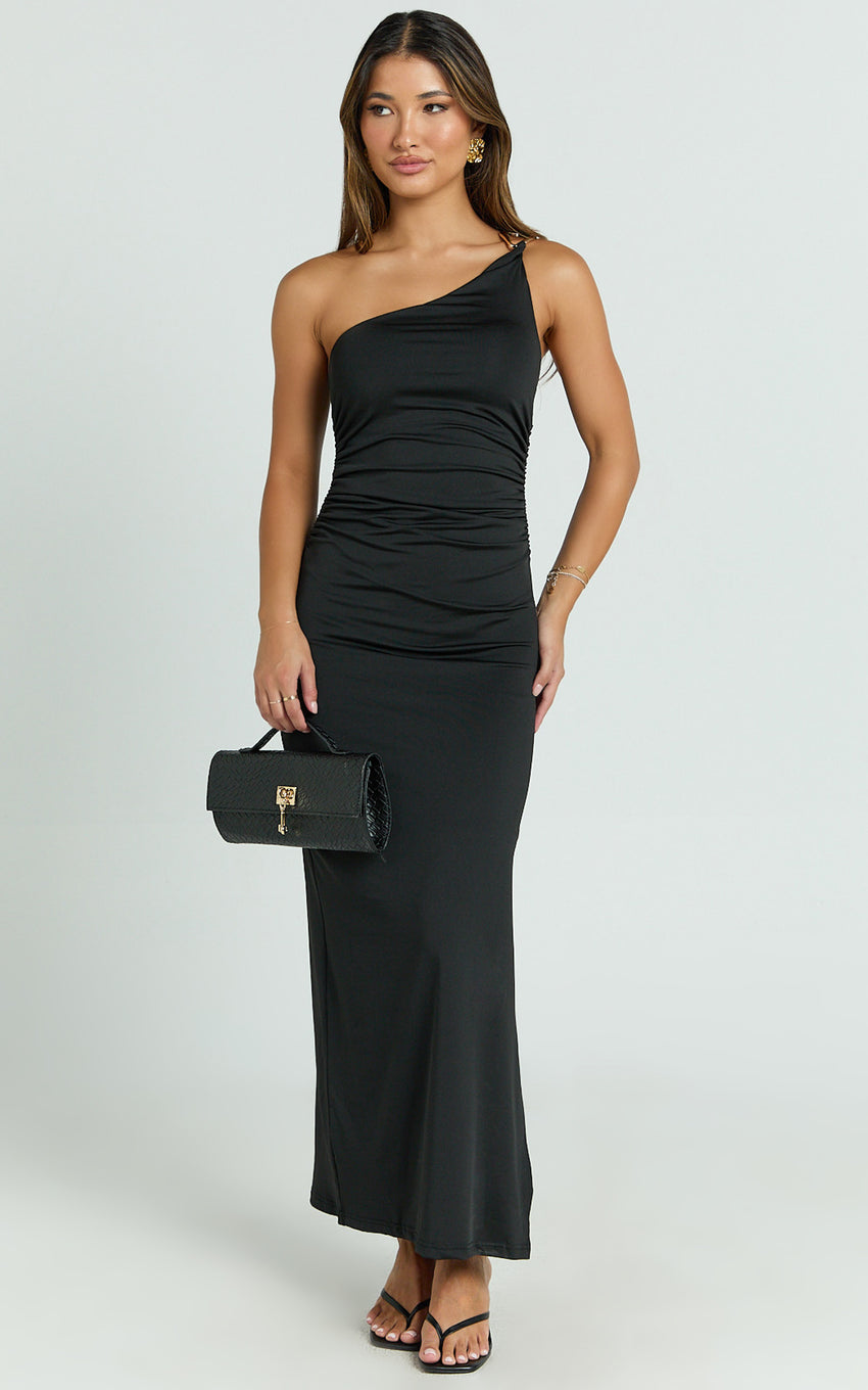 Debbie Midi Dress - One Shoulder Hardware Detail Dress in Black