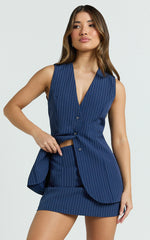 Francine Two Piece Top and Skirt Set - Longline V Neck Top And High Waist Mini Skirt Set in Navy