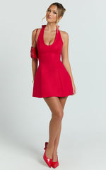 Lauren Mini Dress  - Halter Scoop Neck Dress in Red