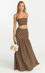 Leighton Two Piece Top and Skirt Set - Crop Top  And Maxi Skirt in Choc/Cream Polka Dot