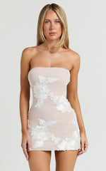Shelby Mini Dress - Strapless Rosette Bodycon Dress in White