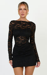 Skye Mini Dress - Lace Long Sleeve Draped Skirt Dress in Black