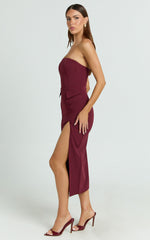 Wilma Midi Dress - Strapless Tailored High Split Dress in Wine