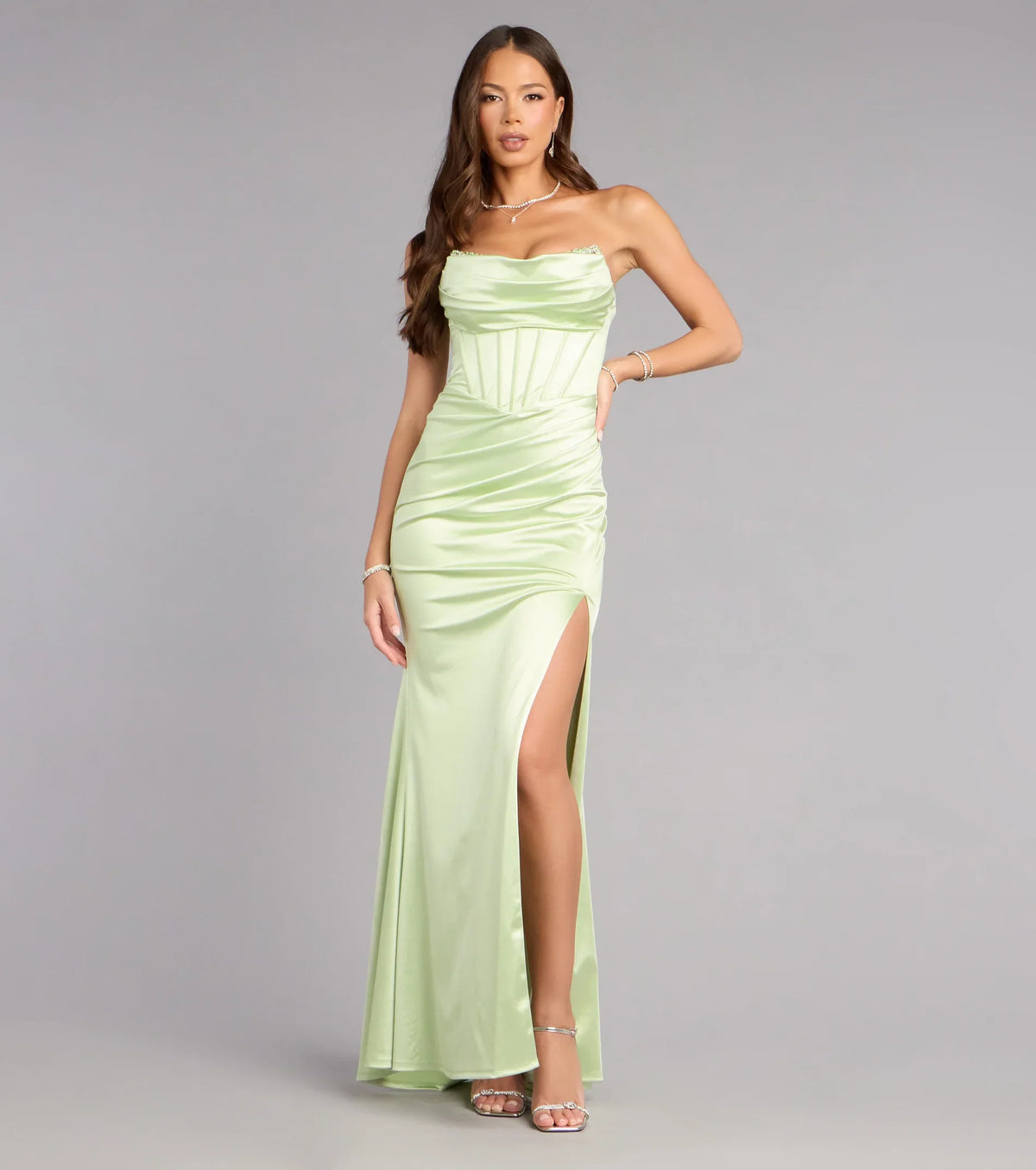 Delilah Satin Corset Slit Formal Dress