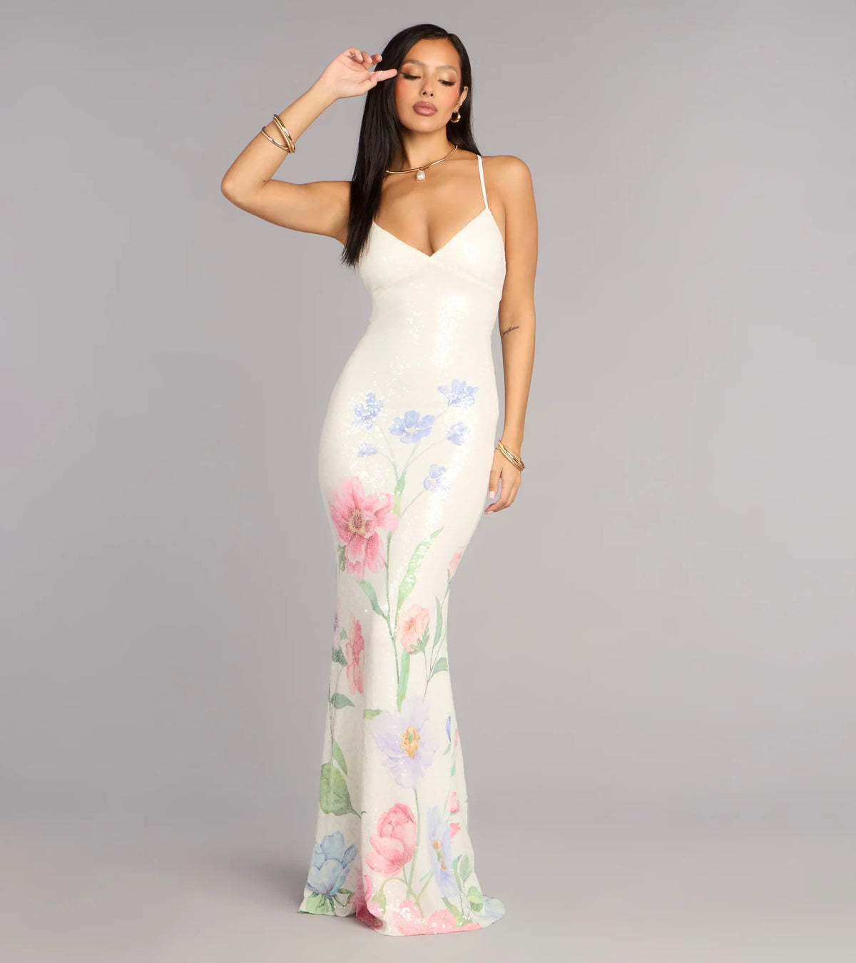 Melany Floral Sequin Lace-Up Formal Dress