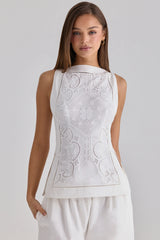 White Cotton Placement Lace Broderie Anglais Boat Neck Top