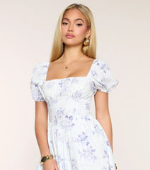 Day Date Floral Print Puff Sleeve Midi Dress