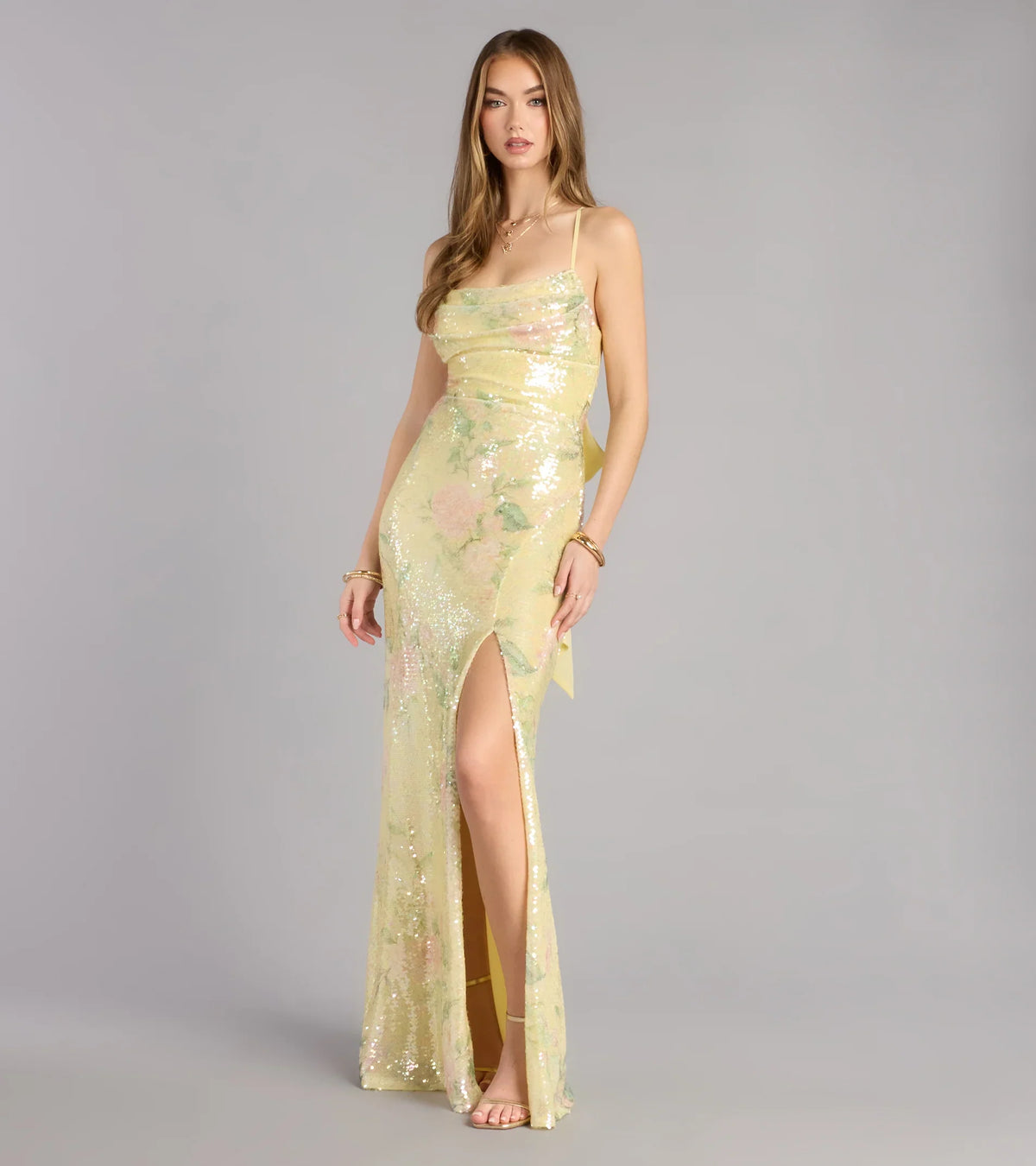 Brinley Bow Back Floral Sequin Column Dress