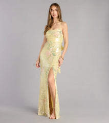 Brinley Bow Back Floral Sequin Column Dress