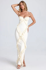Plissé Ruffle-Trim Maxi Dress In Ivory