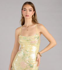 Brinley Bow Back Floral Sequin Column Dress