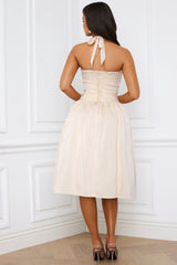Halterneck Lace-Up Ruched Corset Midi Dress In Ivory