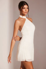 Embellished Asymmetric Neck A-Line Mini Dress In White