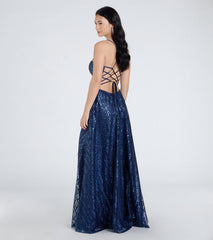 Drea Glitter Sequin Lace-Up A-Line Formal Dress