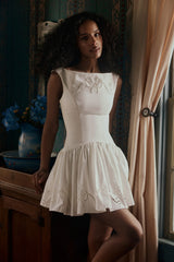 White Cotton Broderie Anglaise Boat Neck Mini Dress