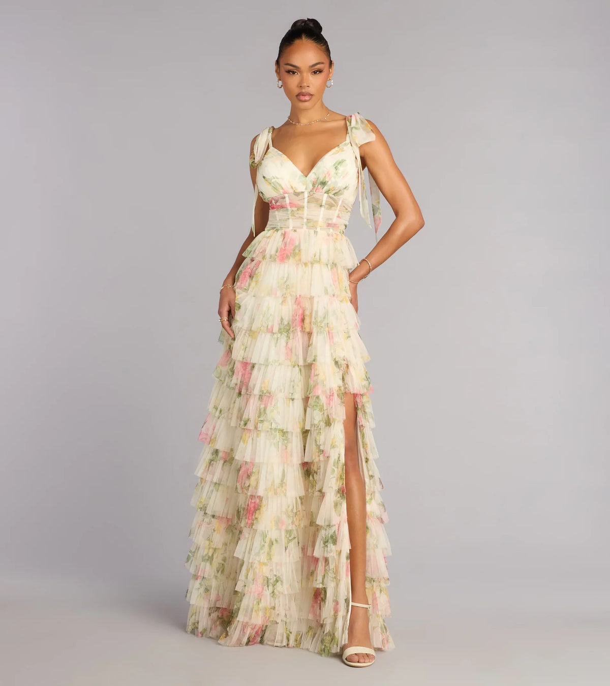 Malia Floral Ruffle A-Line Formal Dress