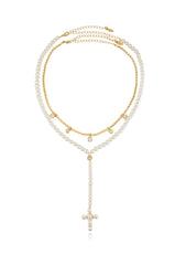 Pearl Cross Drop Lariat Necklace Set