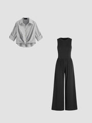 Cotton-blend Collar Striped Knotted Roll-up Long Sleeve Shirt & Solid Sleeveless Wide Leg Jumpsuit