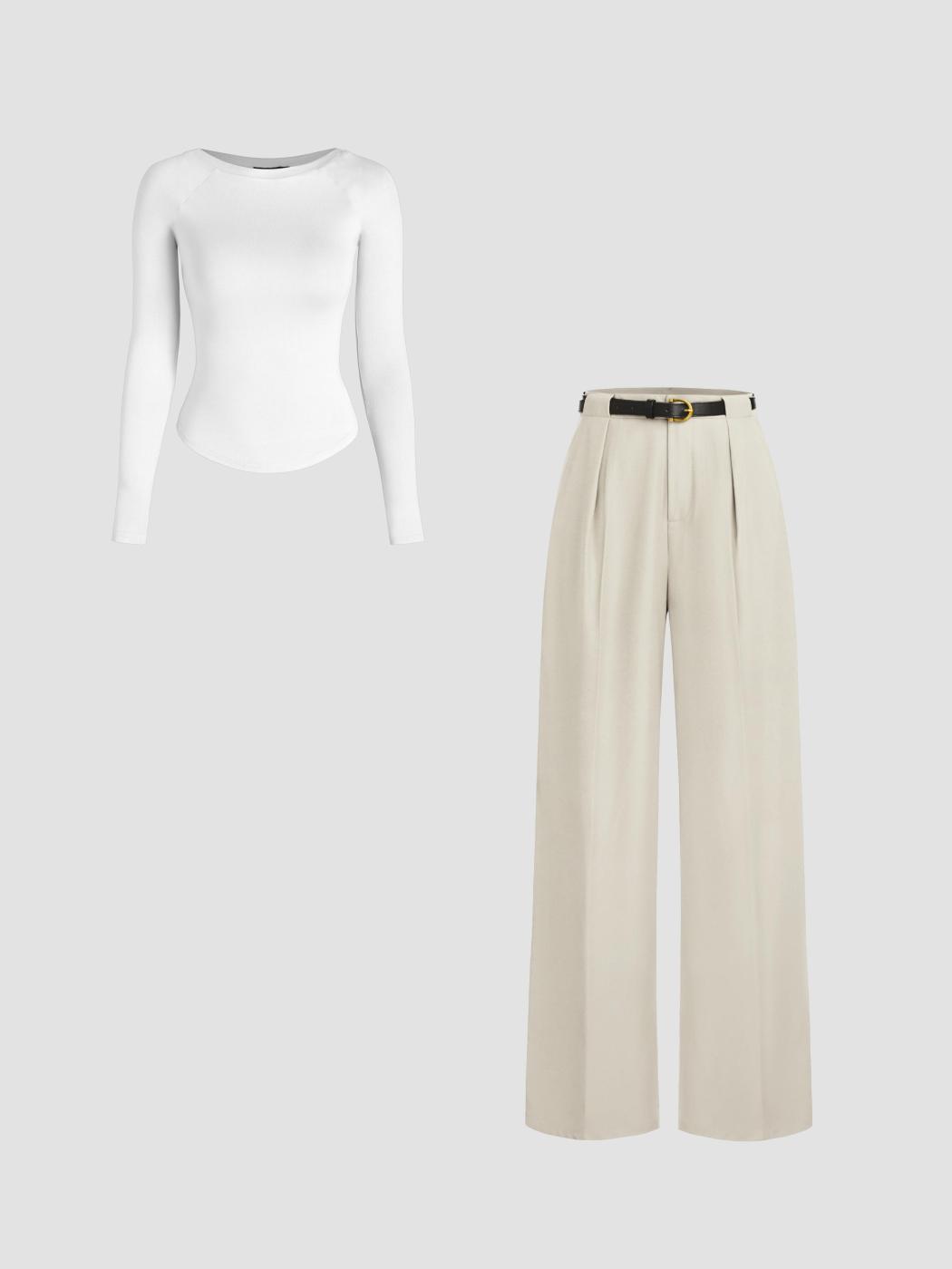 Round Neckline Solid Long Sleeve Tee & Mid Rise Solid Pocket Straight Leg Trousers With Belt Set