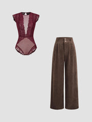 Lace Round Neckline Solid Cut Out See-through Bodysuit & Corduroy High Waist Solid Pleated Wide Leg TrousersSet