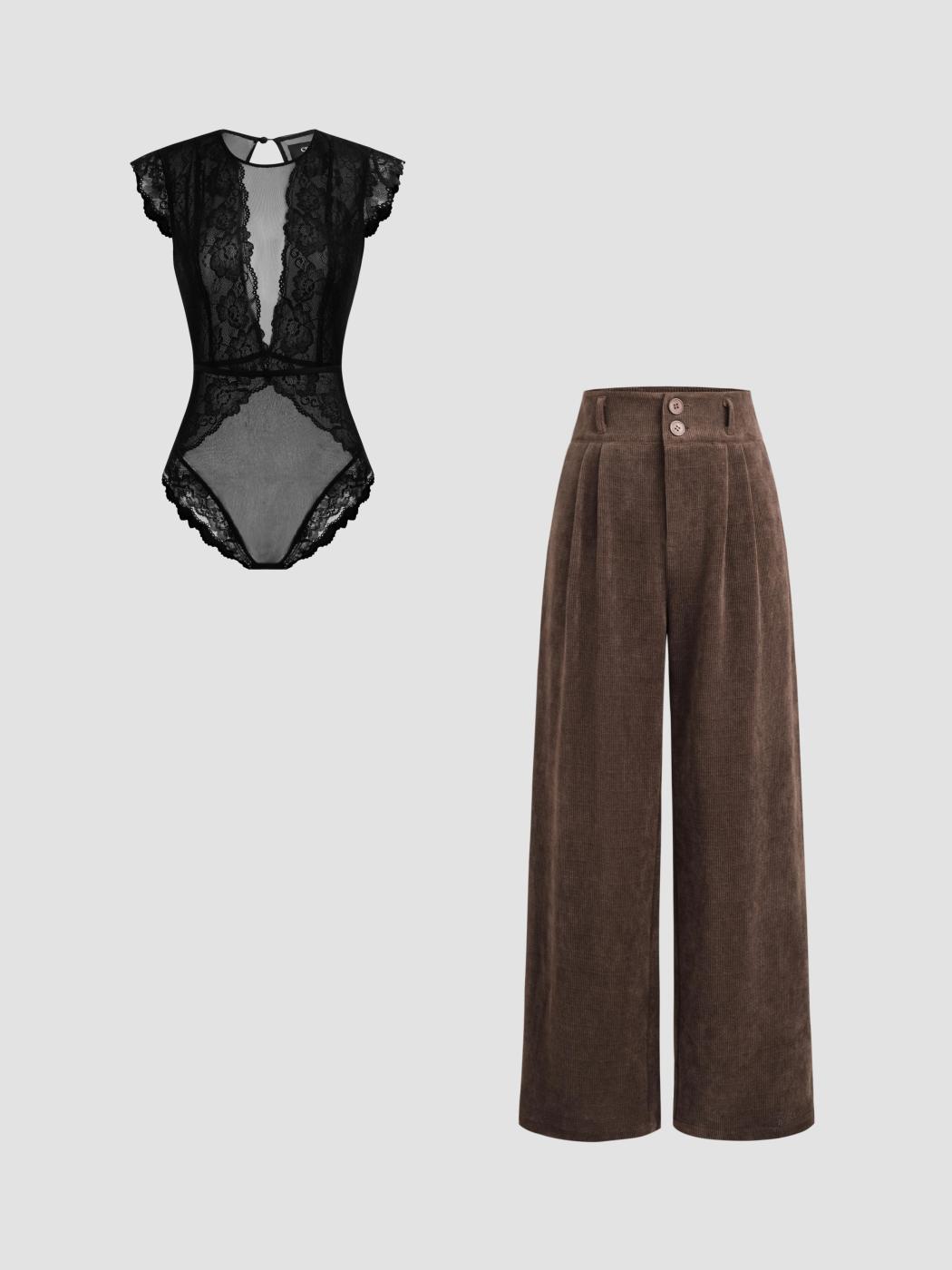 Lace Round Neckline Solid Cut Out See-through Bodysuit & Corduroy High Waist Solid Pleated Wide Leg TrousersSet