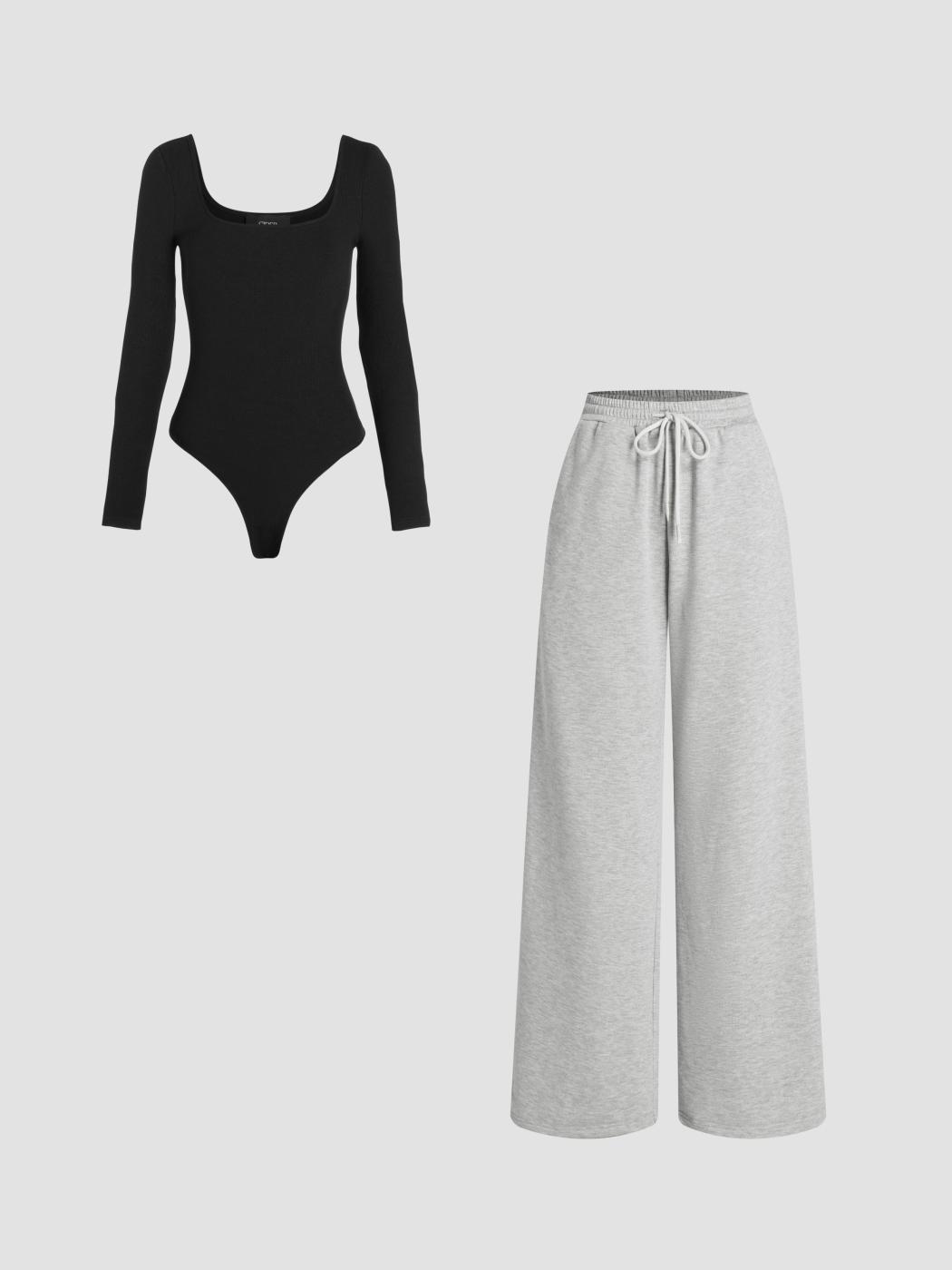 Solid U-neckline Bodysuit&Mid Rise Solid Drawstring Pocket Wide Leg Trousers Set