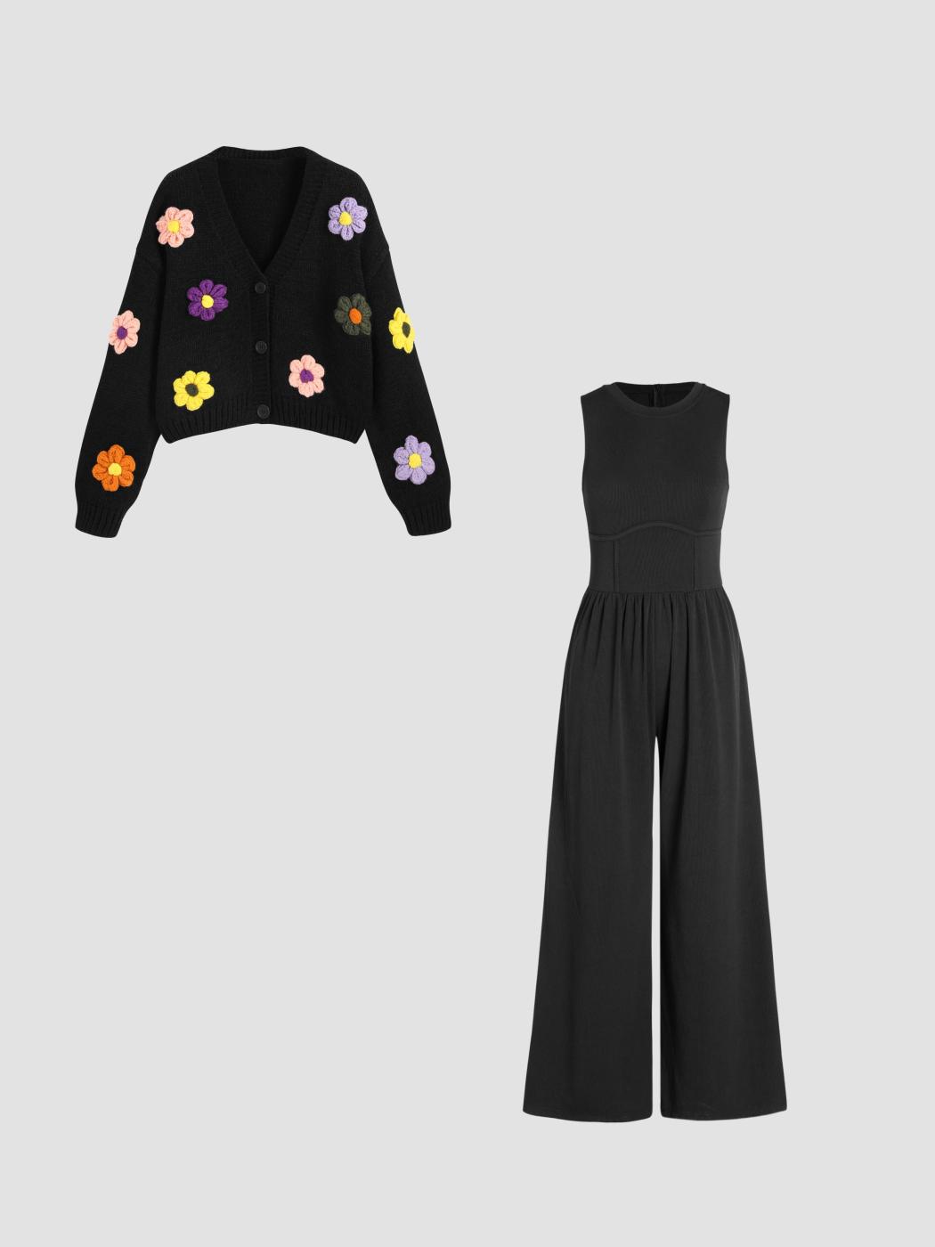 Flower Cardigan & Solid Sleeveless Wide Leg Jumpsuit Set