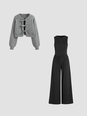 Tie Front Cardigan & Solid Sleeveless Wide Leg Jumpsuit Set