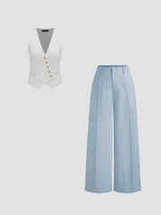 Linen-blend V-Neck Button Jacket Vest & Wide Leg Trousers