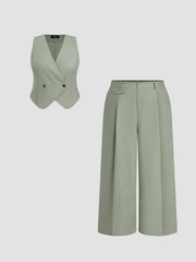 Linen-blend V-neck Button Vest & Mid Rise Pocket Wide Leg Trousers Curve & Plus