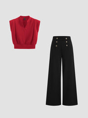 V-neck Pleated Crop Top & Double-Breasted Wide Leg Trousers, Elegant style