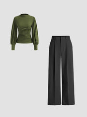 Mid Rise Solid Pocket Straight Leg Trousers & High Neck Solid Ruched Long Sleeve Top