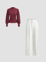 Mid Rise Solid Pocket Straight Leg Trousers & High Neck Solid Ruched Long Sleeve Top