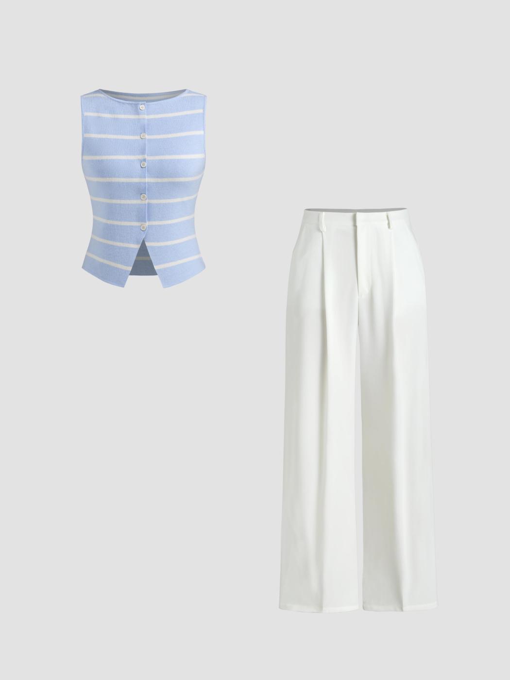 Knit Boat Neck Striped Vest & Pocket Straight Leg Trousers