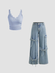 V-neck Bowknot Lace Cami Crop Top & Denim Low Rise Wide Leg Jean