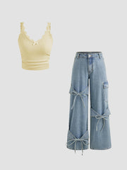 V-neck Bowknot Lace Cami Crop Top & Denim Low Rise Wide Leg Jean