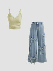 V-neck Bowknot Lace Cami Crop Top & Denim Low Rise Wide Leg Jean