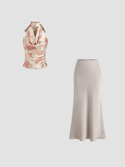 Satin Halter Floral Bowknot Tank Top & Satin Mid Rise Ruffle Maxi Skirt