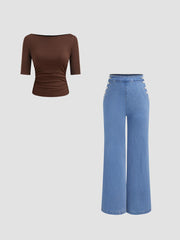 Boat Neck Ruched Middle Sleeve Tee & Stretch High Waist Wide Leg Jeans