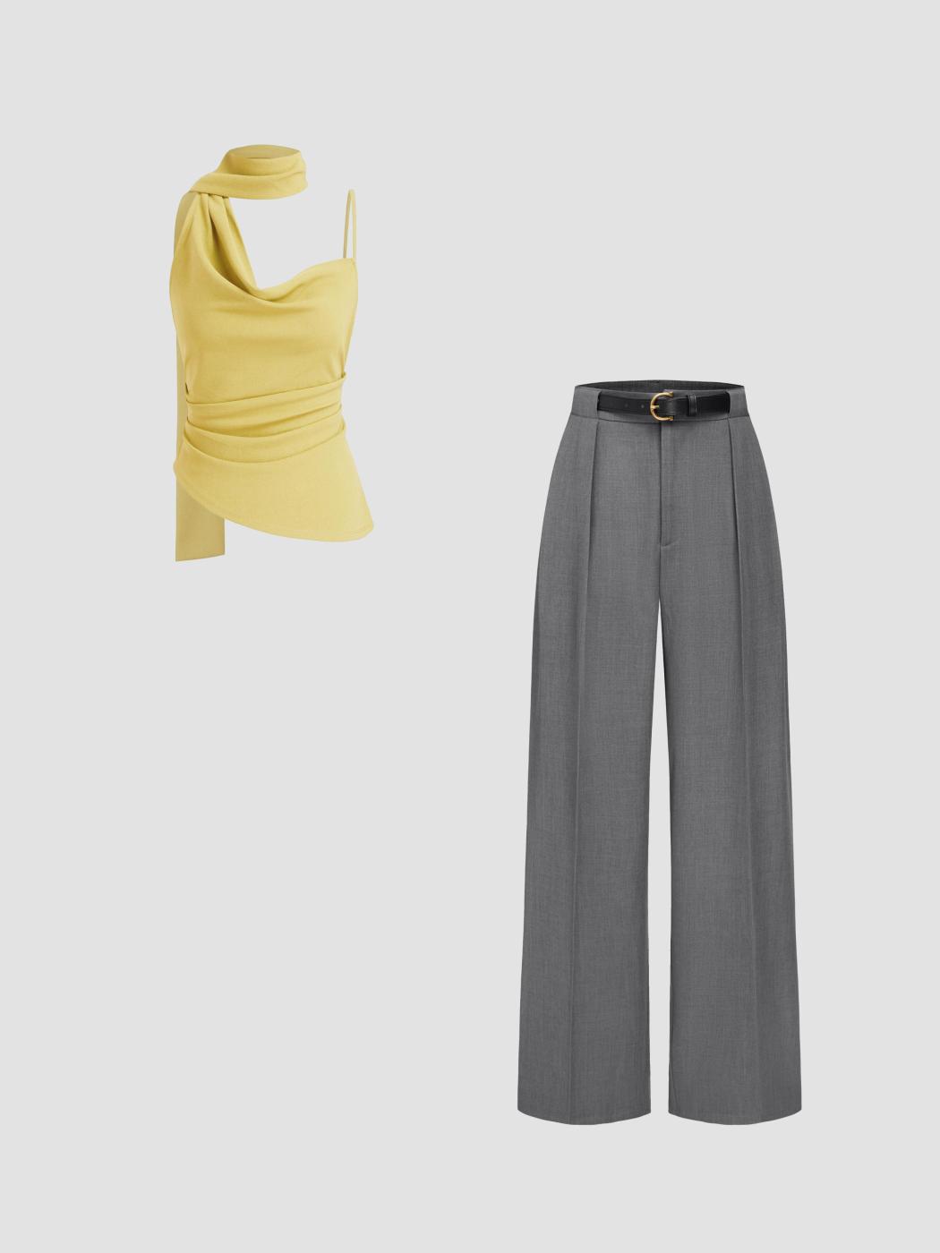 Halter Ruched Cami Top With Scarf & Petite Mid Rise Solid Wide Leg Trousers With Belt